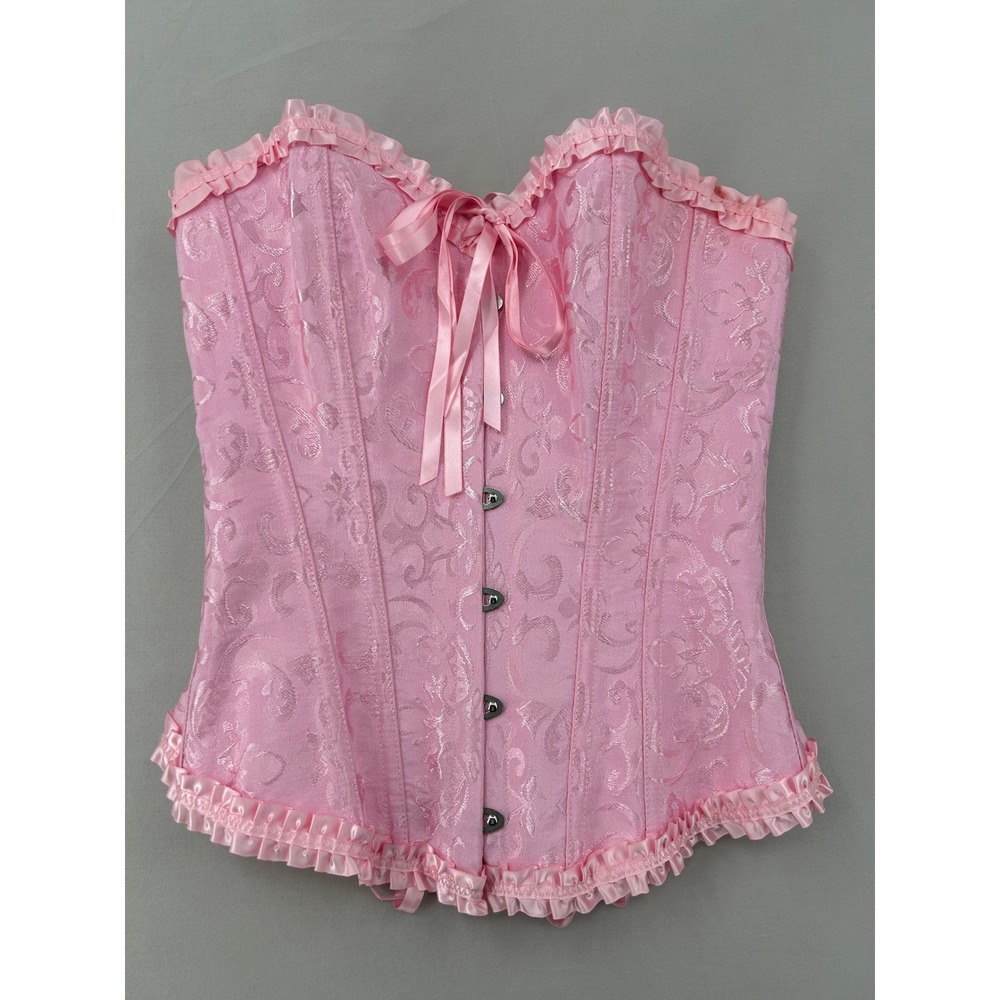 Pink Floral Brocade Corset Top Ruffle Trim Lace Up Back Busk Front Closure O/S